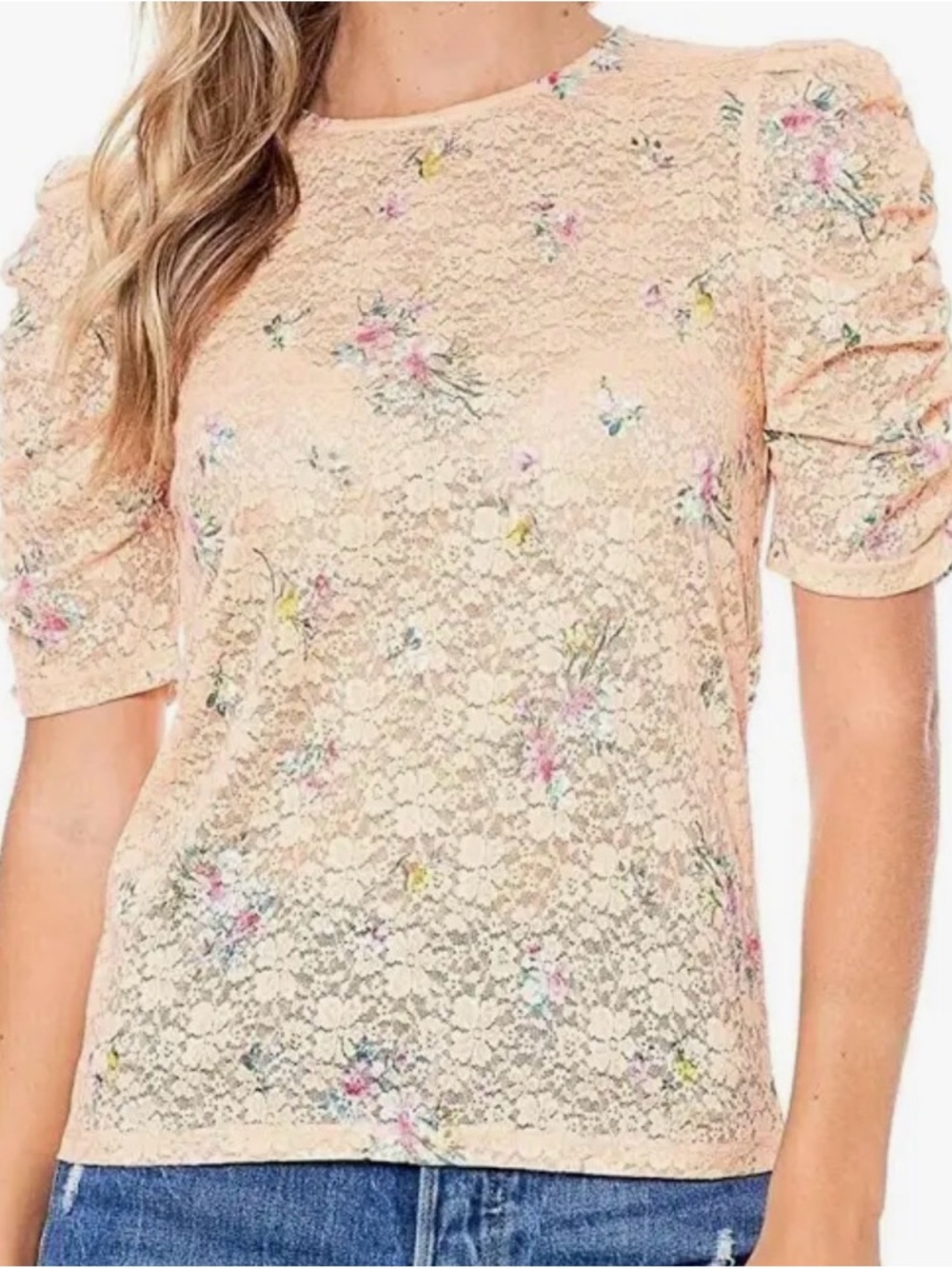 Elodie Peach Floral Lace Puff Sleeve Top